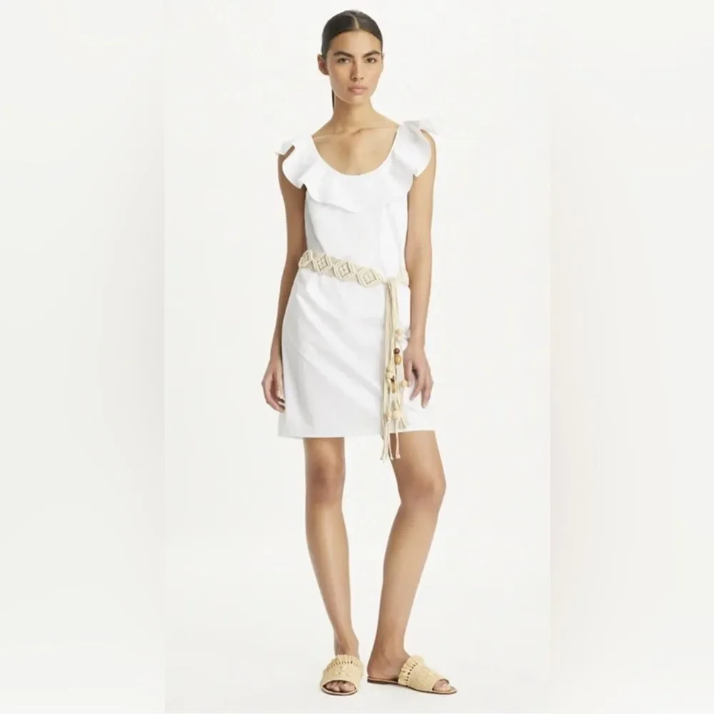 Tory Burch NWOT White flounce Dress with Woven Belt  size 2